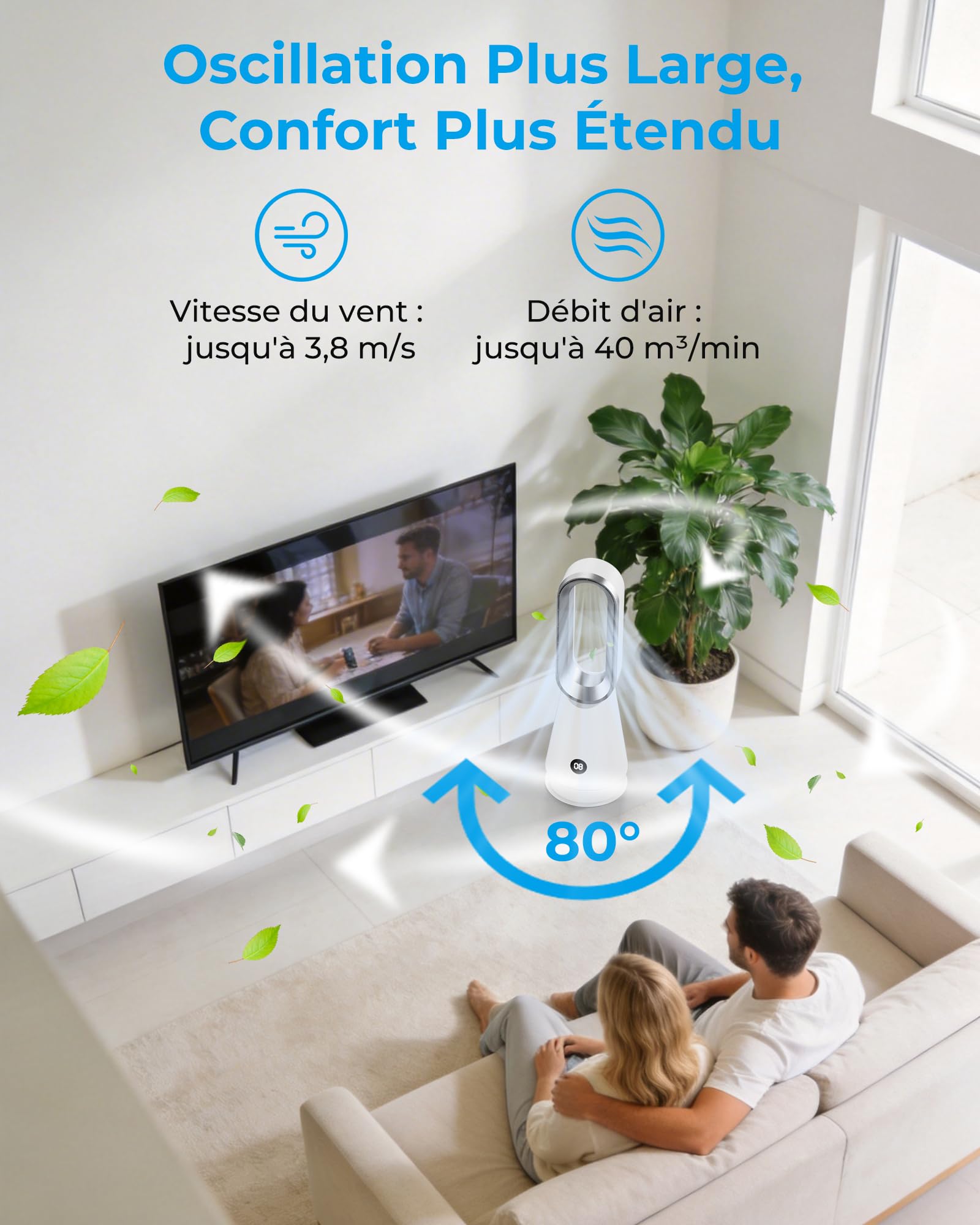 Ventilateur Colonne Silencieux Sans Pales,Ventilateurs Tour avec 8 Vitesses,2 Modes (Sommeil/Vent fort),Oscillation à 80°,Minuterie de 9h,Télécommande,Écran LED,32dB Faible Bruit,Facile à Nettoyer