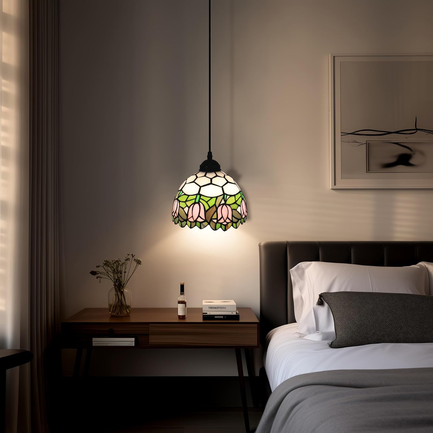 Tulip Pendant Lights Small Stained Glass Lamp 8 Inch Height Adjustable Hanging Lights for Home Living Room Restaurant Hallway