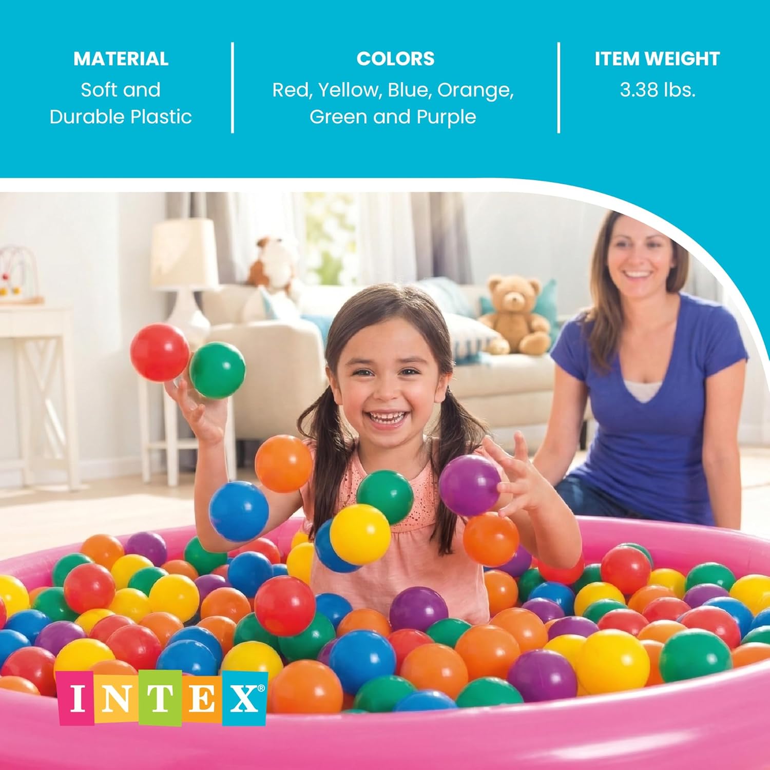 Intex Set of 100 Plastic Fun Balls for Ball Pits and Bounce Houses, Multi-Colored - 100-Count Soft Colorful Toddler-Safe Toys for Pool or Playpen