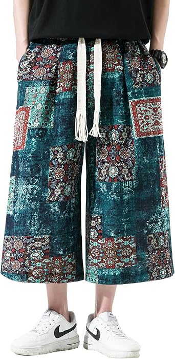 Seidarise Mens Harem Capri Pants Wide Leg for Summer Yoga Homewear Floral Print Elastic Wasit Pockets Trousers