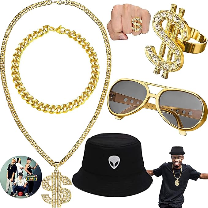 dcas 5 Stück 80er 90er Hip Hop Kostüm Set, Rockstar Rapper Kostüm Hut