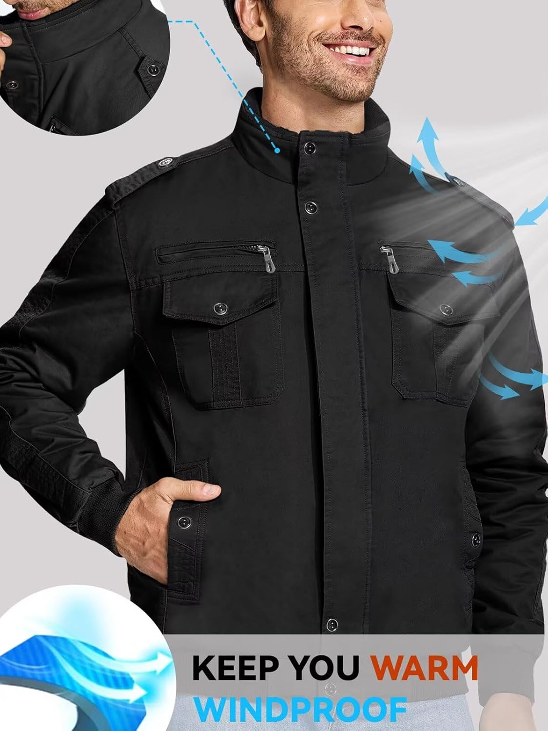 Jinsha Mens Canvas Cotton Military Casual Jacket Outdoor Utility Zipper Hiking Cargo Workwear Jackets Multi Pockets - Image 5