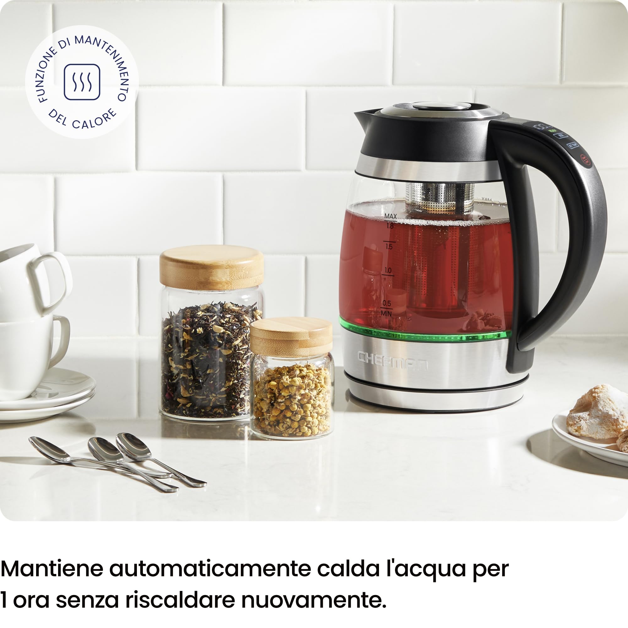 Bollitore Elettrico CHIEFMAN per Bollire l’Acqua, 1.8L 2200W con Infusore per The, Acqua Calda in 3 Minuti, Luci LED, Spegnimento Automatico, Funzione per Mantenere la Temperatura