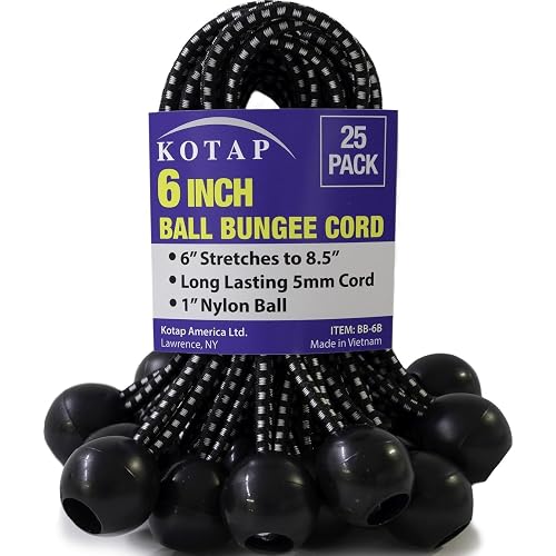 Kotap BB-6B Ball Bungee Cord, Heavy-Duty & Versatile, Indoor & Outdoor, Tarp Tie-Down, Organize & Secure, 6-Inch, Black, 25 Pack | Your Needs
