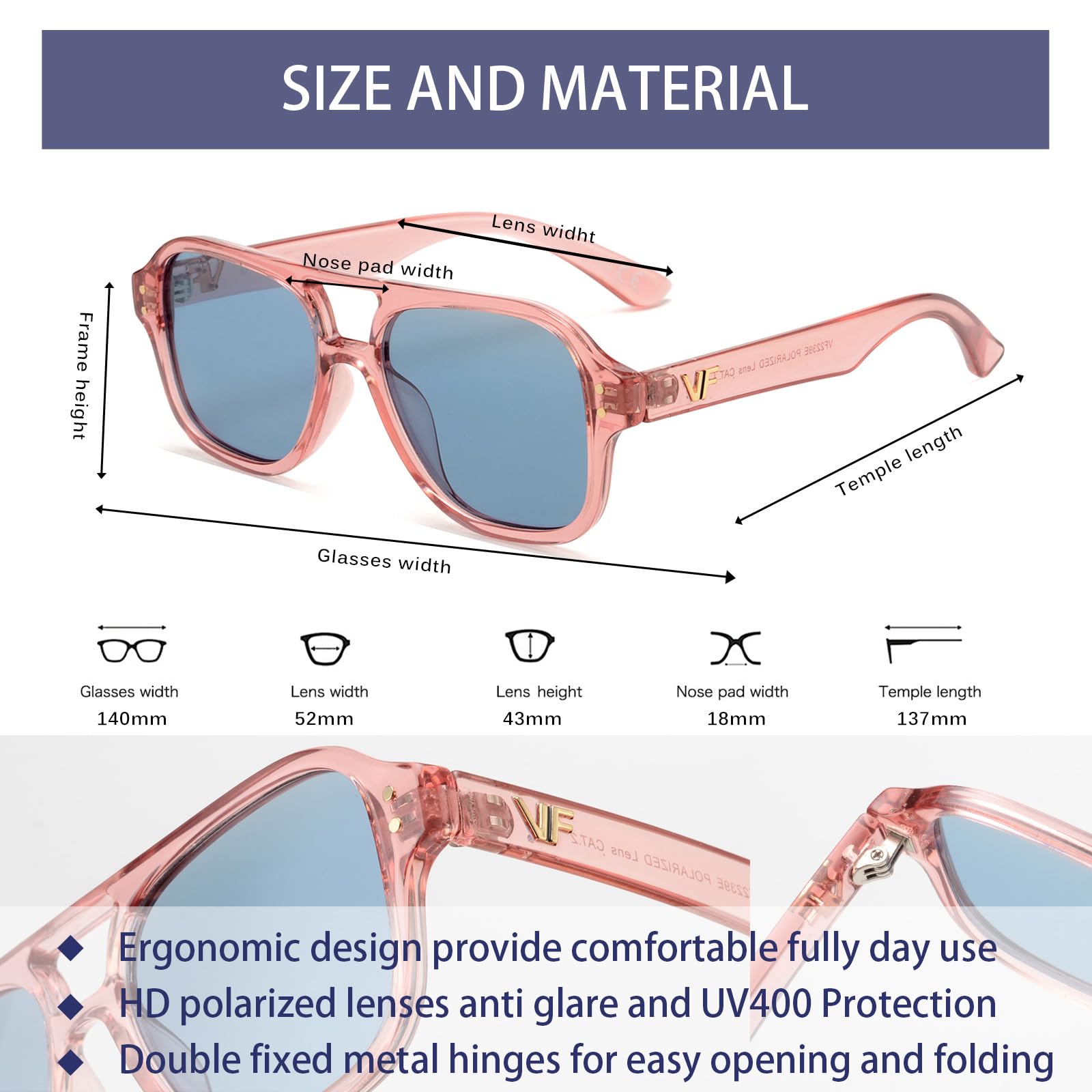 OUWEN Polarisierte, quadratische Piloten-Sonnenbrille für Damen und Herren, trendige, rechteckige Designer-Sonnenbrille, 70er-Jahre-Sonnenbrille, OW2239