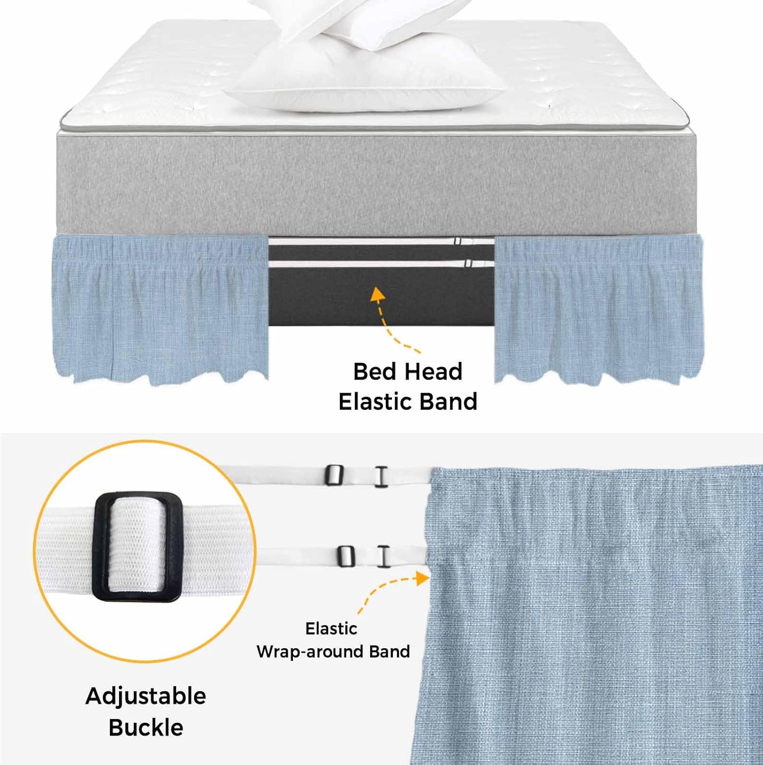 Wrap Around Bed Skirts for Queen Beds,Sky Blue Solid Color Ruffle Bed Skirt with Adjustable Elastic Belts Easy Fit 16 Inch Drop Retro Linen Minimalist Style
