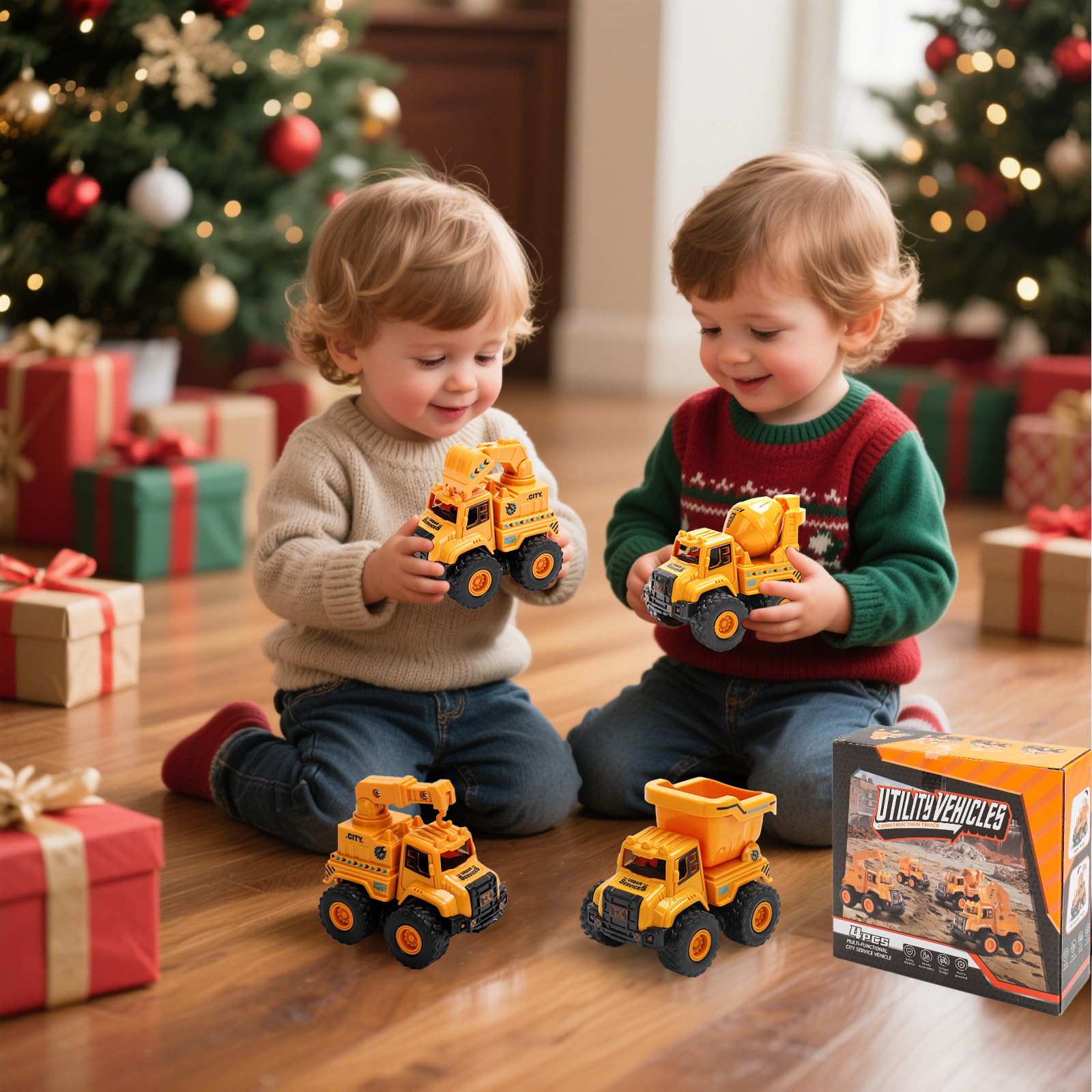 Camion da Cantiere Giocattolo per Bambini 2+ Anni – Set Veicoli Push and Go con Escavatore, Gru, Camion Ribaltabile e Betoniera – Giocattoli Educativi per Bambini e Bambine 2 3 4 5 Anni