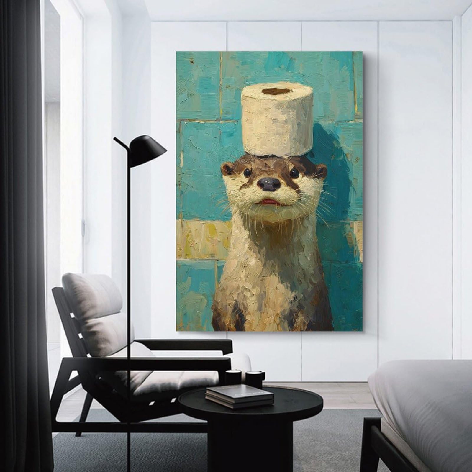 Junmoney Unframe-Style-12 Wall Art Print Otter With Toilet Paper Hat Painting, 24X36inch(60X90cm), For Picture Wall Styling In Lounge Or Bedroom, Wall Decor Suited To Curated Displays
