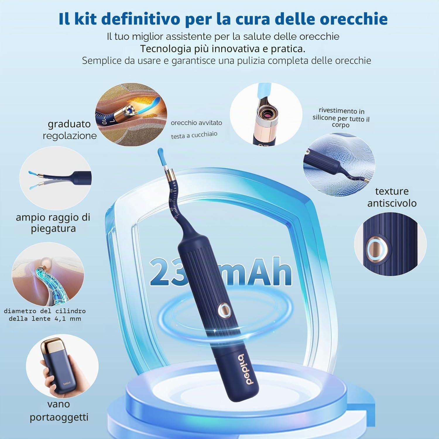 Collazoey Otoscopio Digitale, 1920P HD Impermeabile Rimozione di Cerume Kit, Otoscopio Flessibile Senza Fili, Pulizia Orecchie con Pinzette,Spatola,Cucchiaio,Punte Sostituibili per Adulti Bambini
