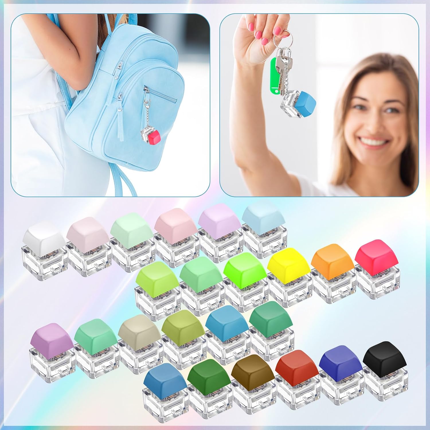 24Pcs Keyboard Fidget Keychain Fidget Clicker with LED Light,Decompression Button Finger Clicker Toys Relief Gifts for Adult to Relief Stress Pass the Time for Adults Kids Autism ADHD