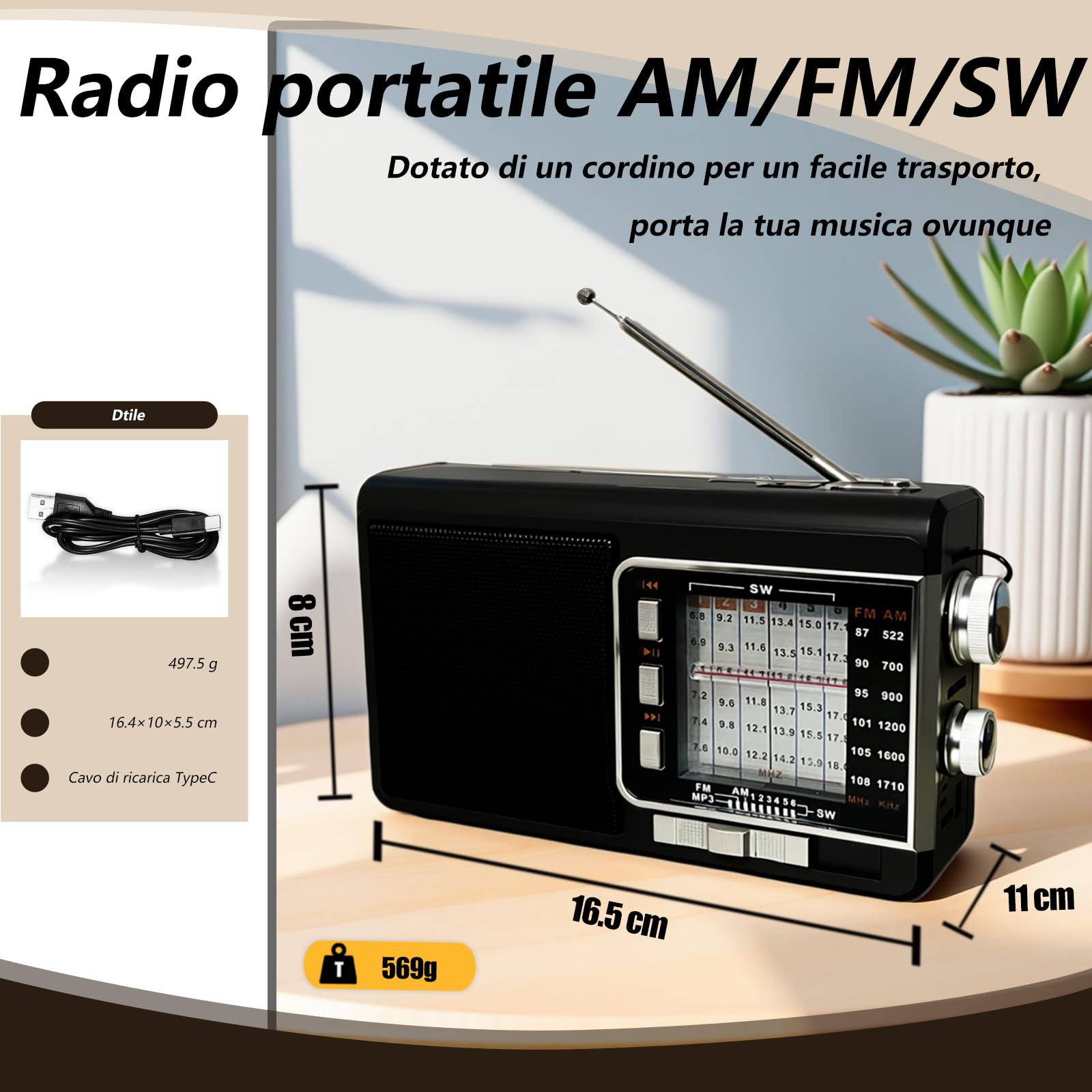 Radio Portatile con Pannello Solare e Batteria 1200mAh, Ricevitore AM/FM/SW1-6 con Altoparlante 8W/TWS/USB/TF, Torcia, Radio Bluetooth Ricaricabile per Camping, Emergenze, Esterno