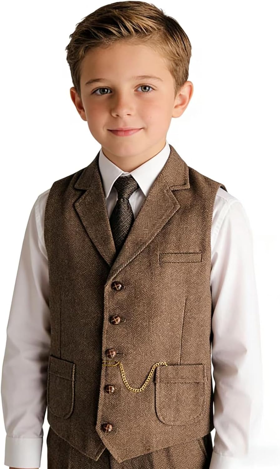 Boys Vest Retro Tweed Herringbone Vest for Kids Formal Wedding Prom Waistcoat