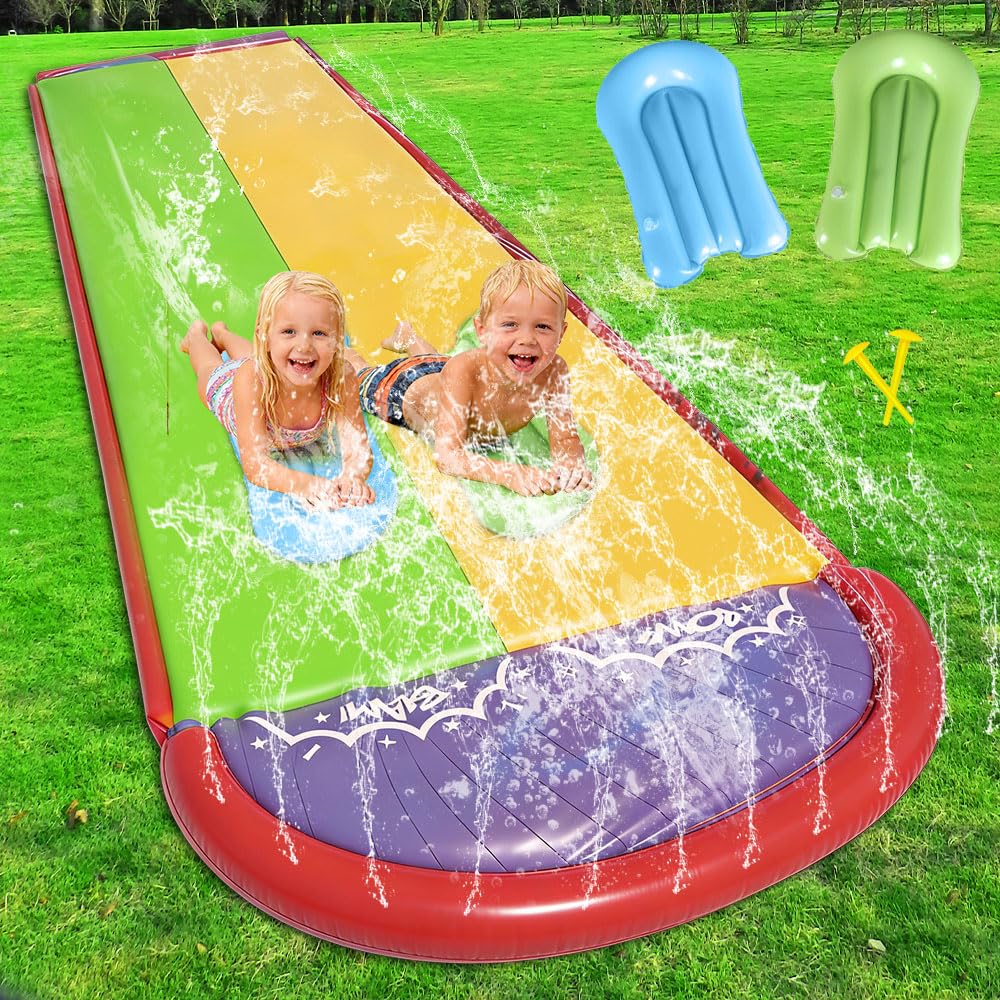Wasserrutsche Garten für Kinder 19.7ft 600cm mit 2 Bodyboard Doppelrutsche eingebautem Sprinkler Outdoor