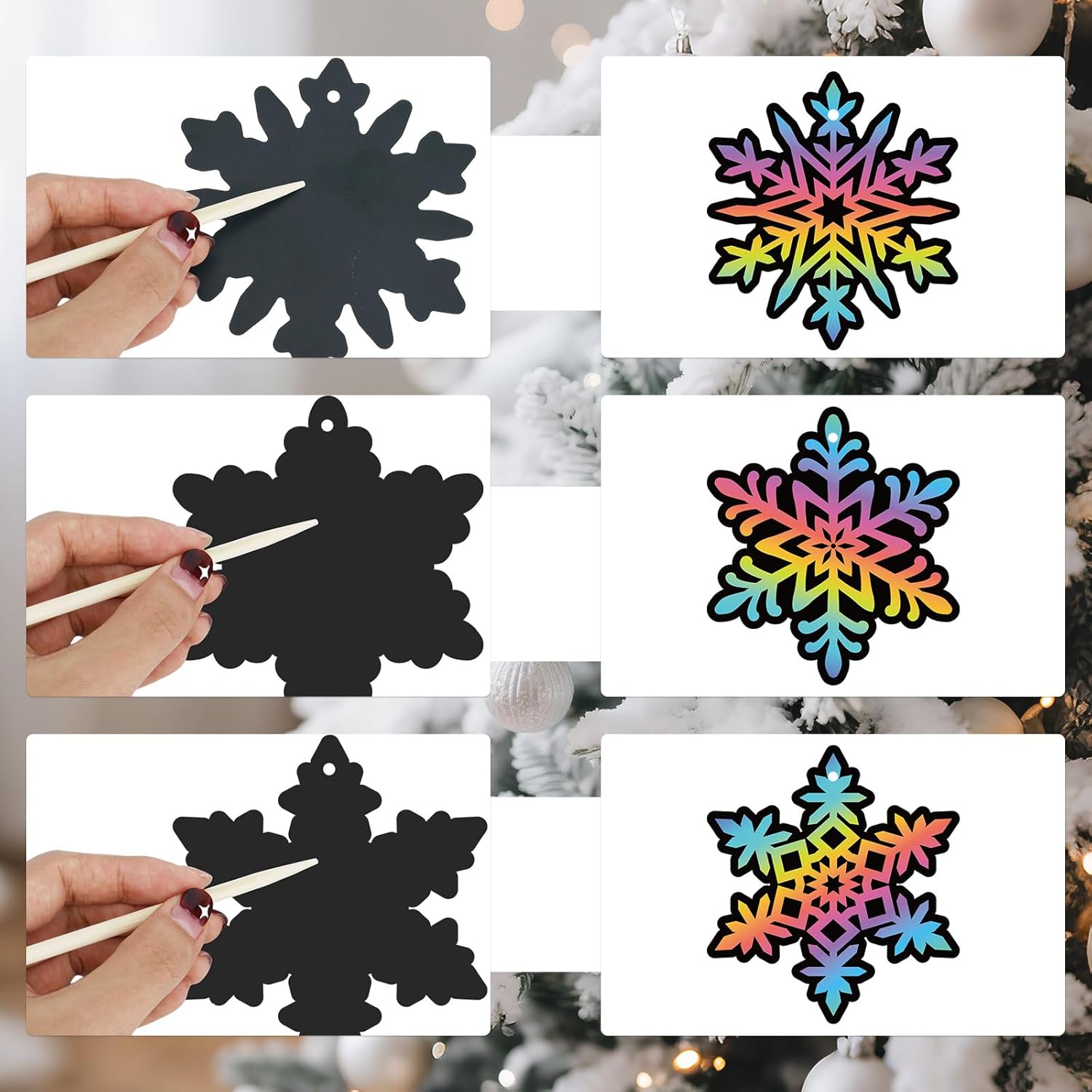 Penitue 36pcs Snowflake Scratch Card Ornaments, Funny Christmas Snowflake Scratch Off Cards Hanging Ornaments with Colorful Ribbons and Wooden Sticks for Kids Party Favors DIY Craft