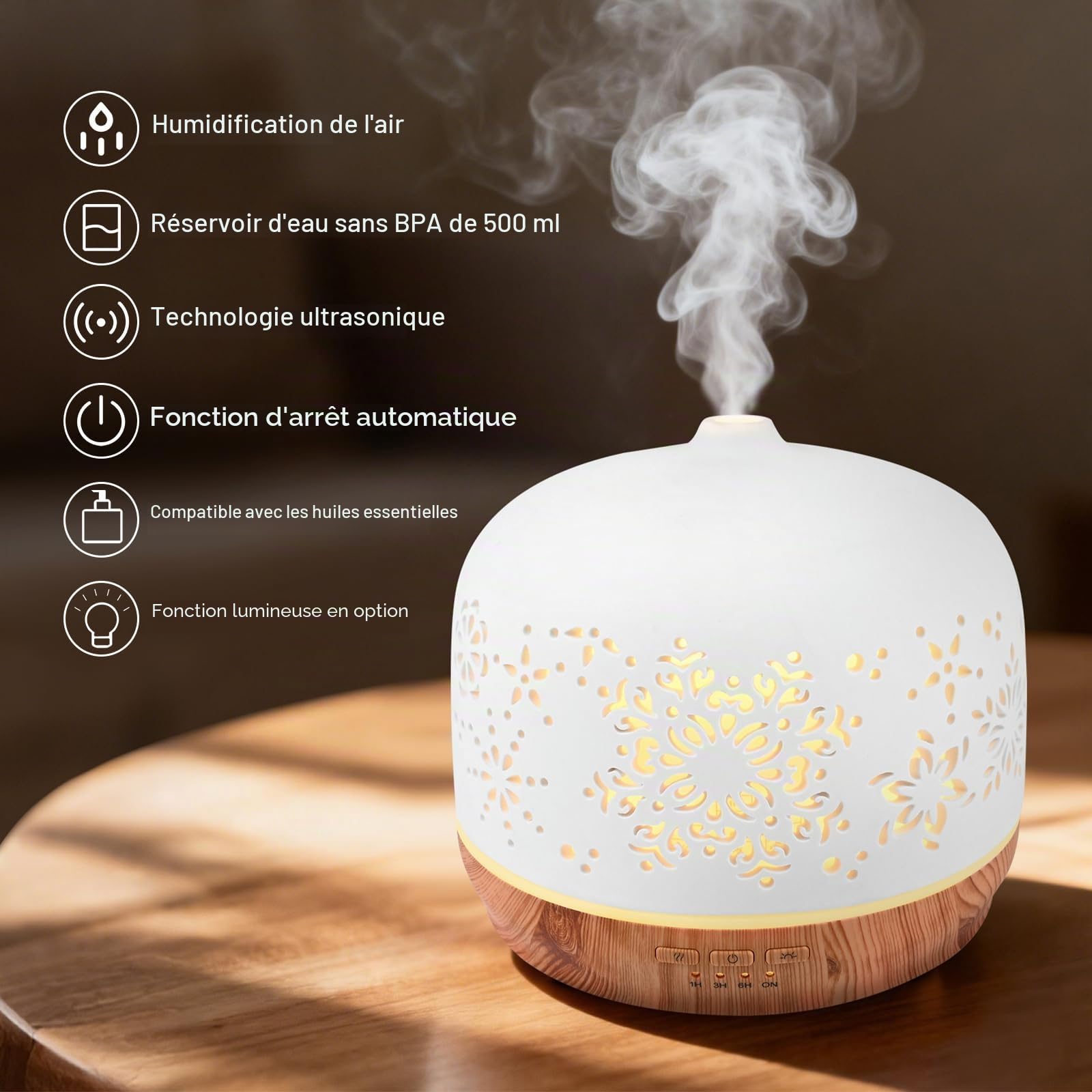 GuKKK 500ML Diffuseur d'huiles Essentielles en Céramique Blanche, Ultrasonique Humidificateur Diffuseur Aromathérapie Electrique, Arôme Parfum Electrique avec 7 Couleurs Lumières,pour Chambre/Yoga