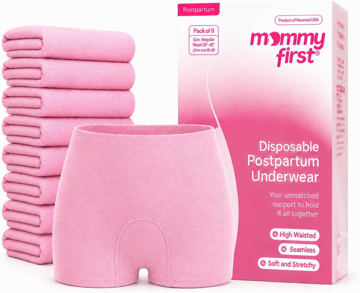 Mommy First® High-Waisted Disposable Postpartum Underwear | Soft, Supportive, Stretchable Maternity Panties for C-Section & Vaginal Delivery | Postpartum Essential | Waist 27"-36" | Pack of 8 Pink
