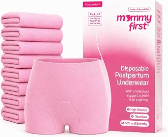Mommy First High-Waisted Disposable Postpartum Underwear | Soft, Supportive, Stretchable Maternity Panties for C-Section & Vaginal Delivery | Postpartum Essential | Waist 27"-36" | Pack of 8 Pink