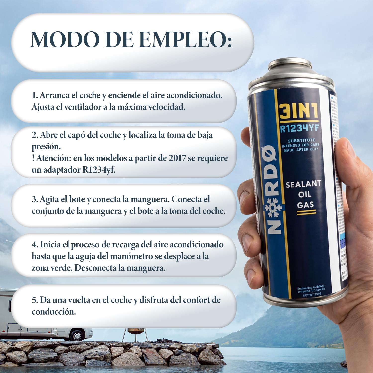 Nordo 5 en 1 – Refrigerante R134a XL para aire acondicionado de coche con aceite, sellador de fugas, trazador UV y deshidratante + adaptador HP/LP – Protege el compresor – 235 g por lata