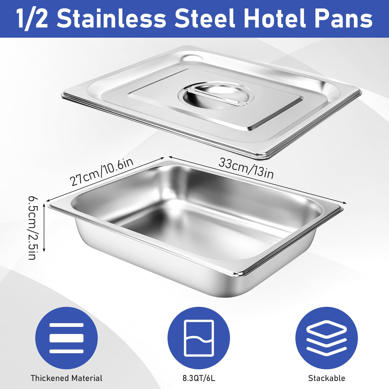 Confezione da 4 padelle Gastronorm, in acciaio inox, con coperchio, contenitore per alimenti, anti-inceppamento, vassoio per servizio di catering, per ristoranti, hotel, buffet, feste, spessore