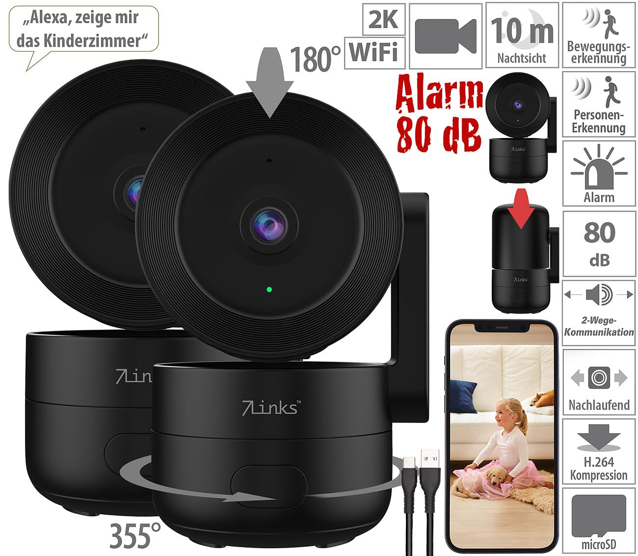 7links telecamera WLAN interna: Telecamera di sorveglianza Wi-Fi IP, Funzione Pan/Tilt, risoluzione 2K (di sorveglianza Elesion, orientabile)