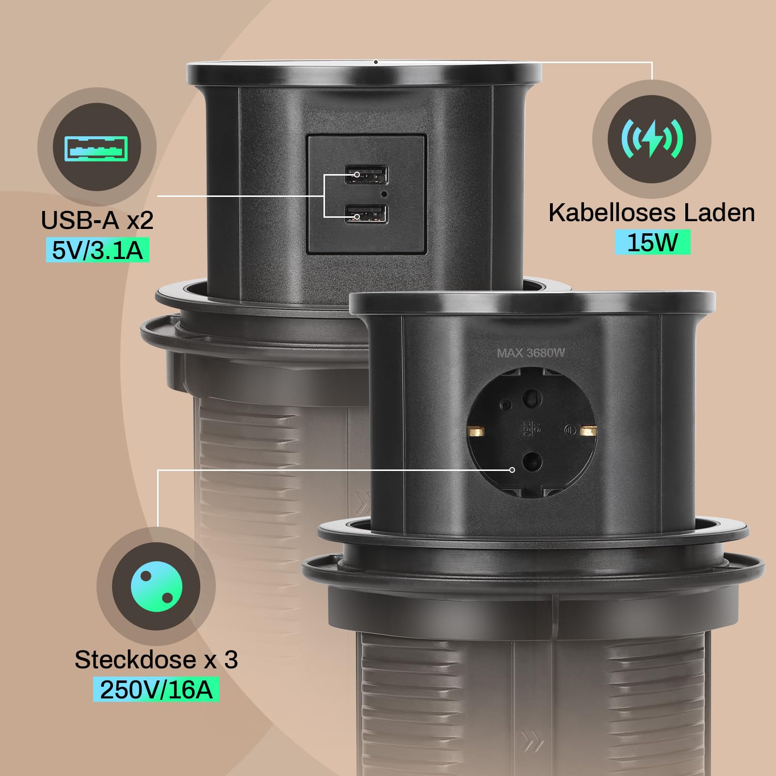XIIW Multiprise Encastrable 3 Prises [Type F] + 15W Chargeur sans Fil Qi & USB-A – 3680W/16A – ABS Ignifuge avec Sécurité Enfant – Prise de Table pour Bureau, Plan de Travail et Cuisine, 1,8m Câble
