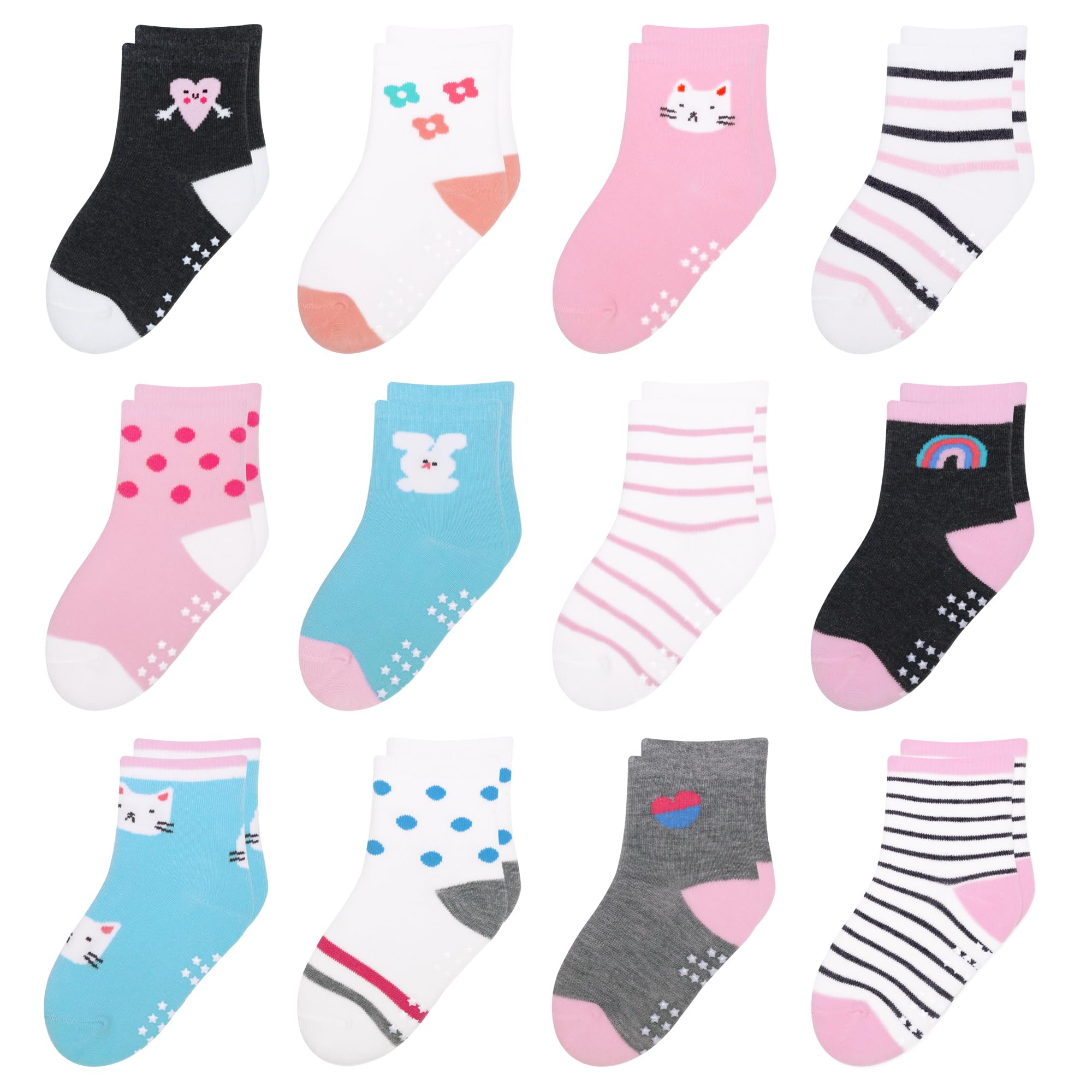 HYzgb 12 Pack Non Slip Kids Toddler Baby Socks with Grips for 1-7 Years Boys Girls Cotton Crew Socks Multi Colors