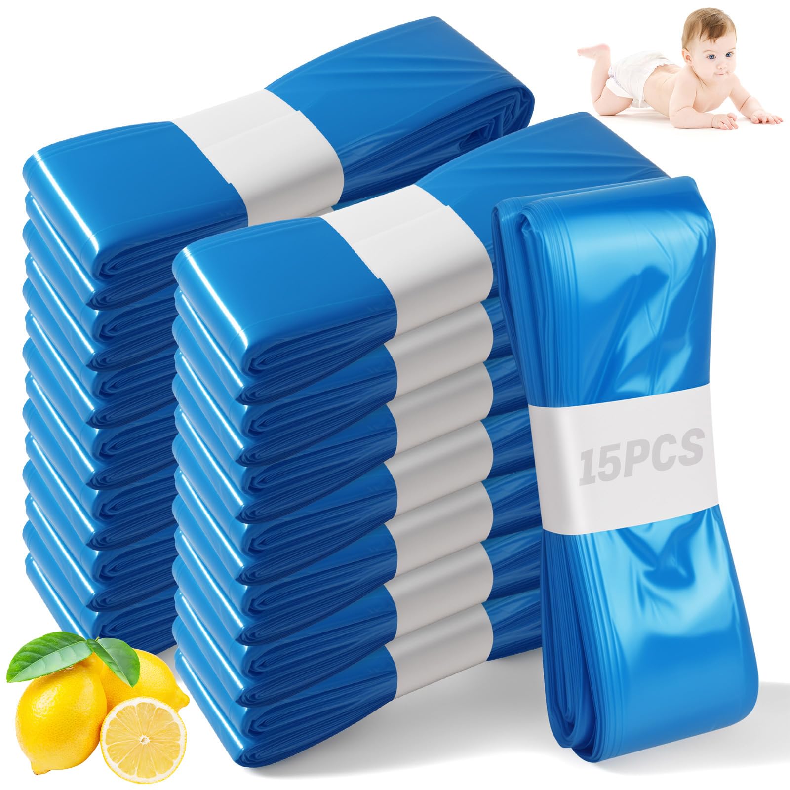 15 Recambios Contenedor de Pañales,4,5M Recambios de Papelera Pañales Bebe,Gran Capacidad Antiodor Bolsas Pañales Recambios