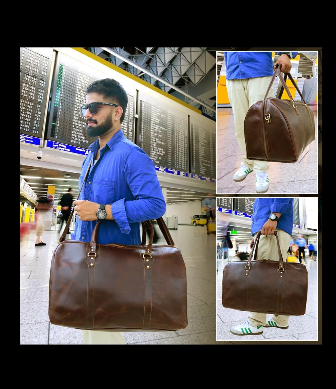 THE M&G BAGS Leather Travel Duffel Bag for Men & Women, Classic Retro Weekend Overnight Zipper Bags with Adjustable Shoulder Strap, Cabin Friendly Carry On Gym Sports Duffle Luggage - 22 Inch - Image 7