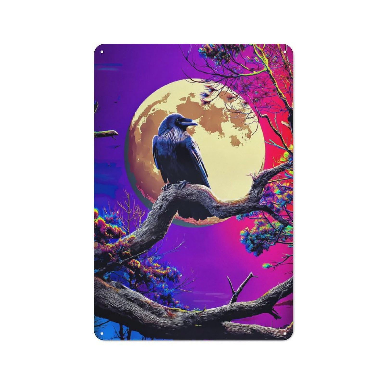Junmoney Crow Perched On Branch Against Full Moon Warehouse Style Tin Wall Sign 30X20cm Featuring Loft Wall Plaque For Loft, Studio, Office Or Creative Room