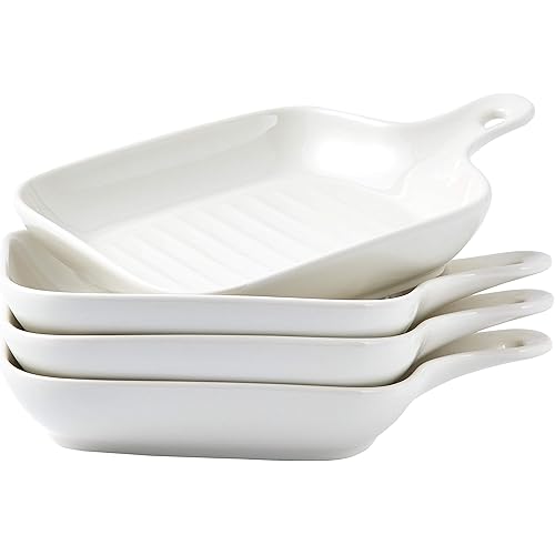 Bruntmor Set Of 4 6.5" Matte Glaze Porcelain Food Serving Plate With Skillet Look Handle Baking Dish Dinner Plates, White