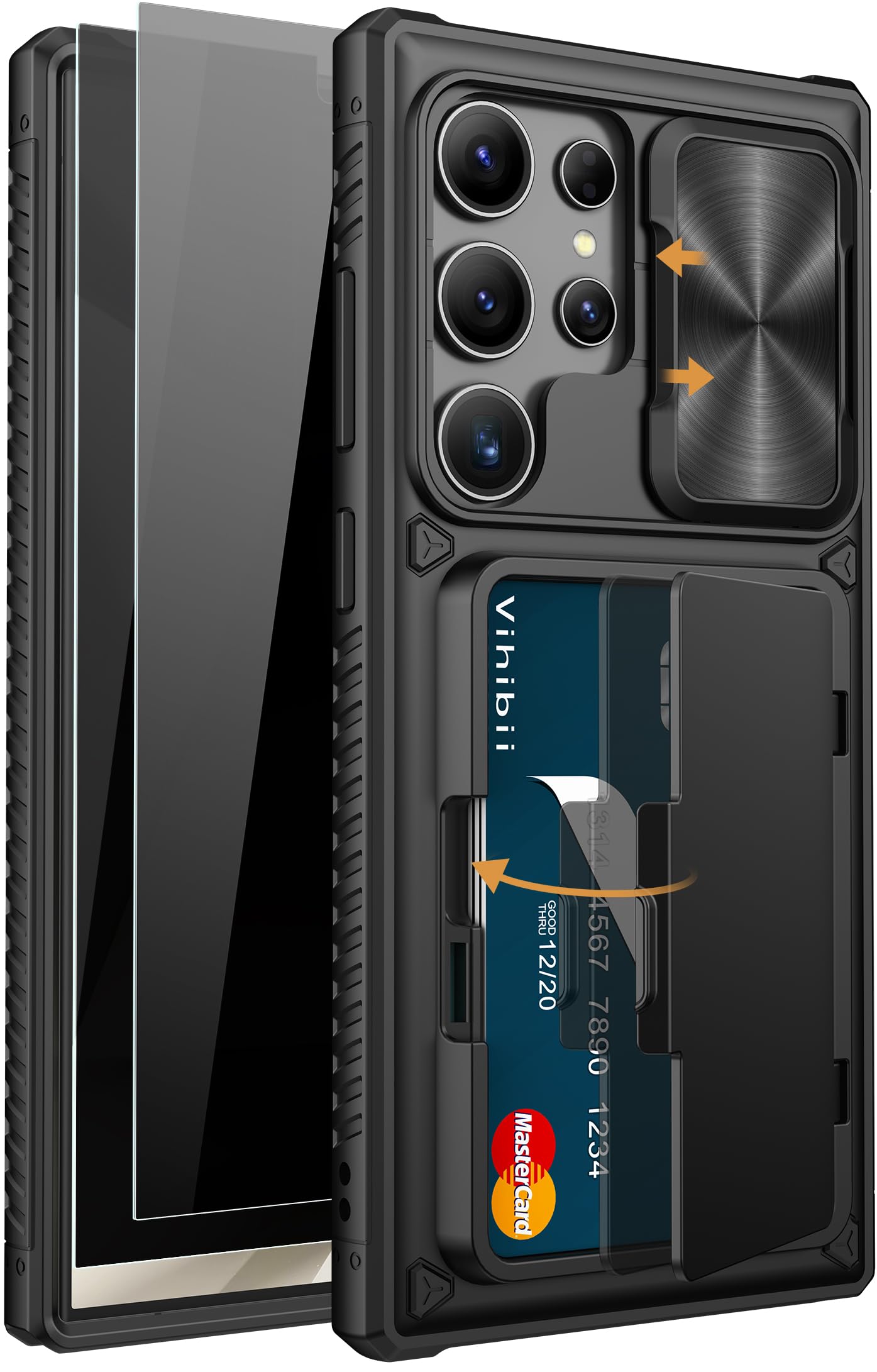 Vihibii for Samsung Galaxy S24 Ultra Case with Card Holder (4 Cards), Built-in 2X Privacy Screen Protector & Slide Camera Cover & Kickstand, Rugged & Shockproof Phone Case for S24 Ultra, Black