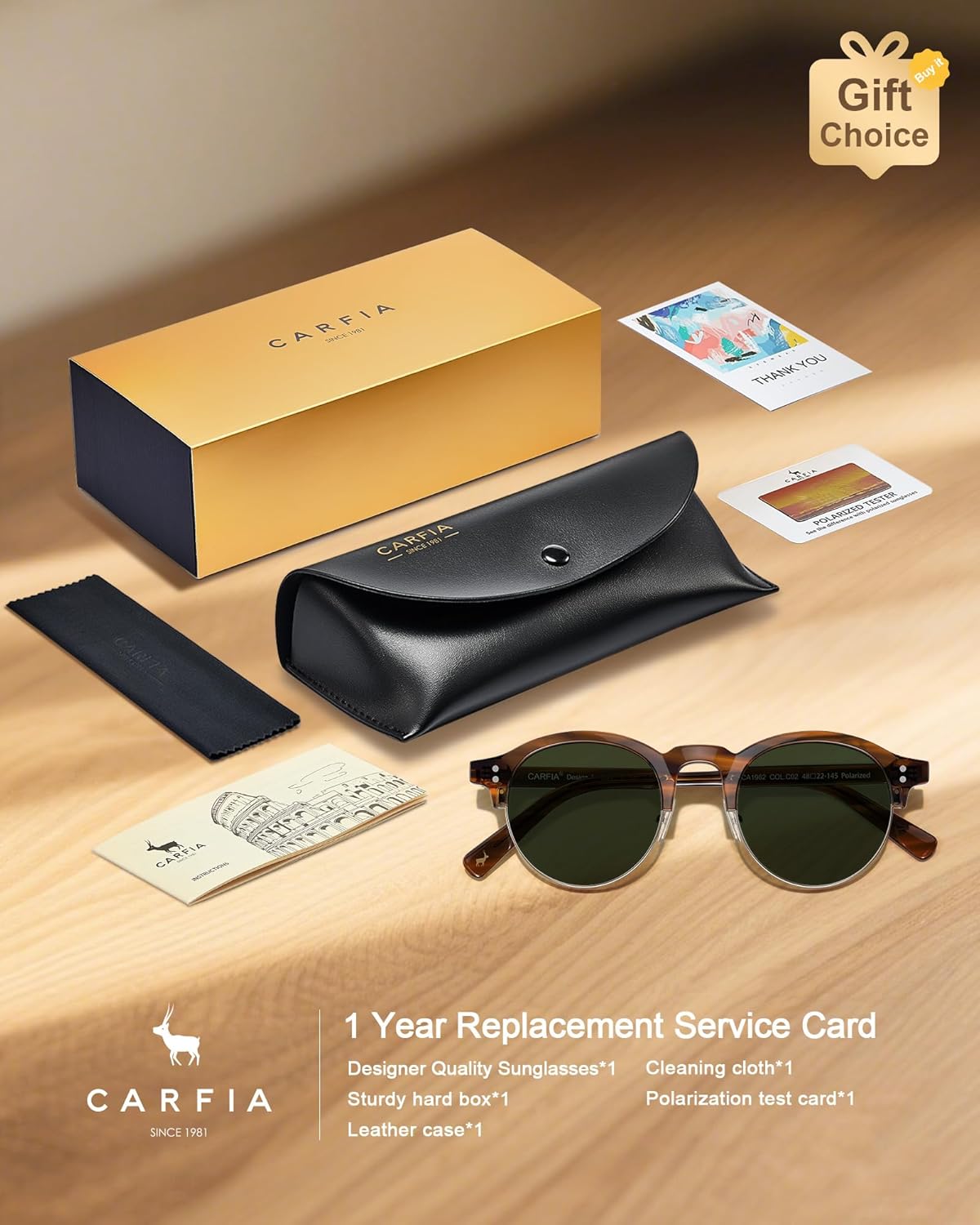 CARFIA Retro Round Polarized Sunglasses For Men, Acetate Semi-Rimless Frames Driving Sun Glasses UV 400 Protection - Image 7