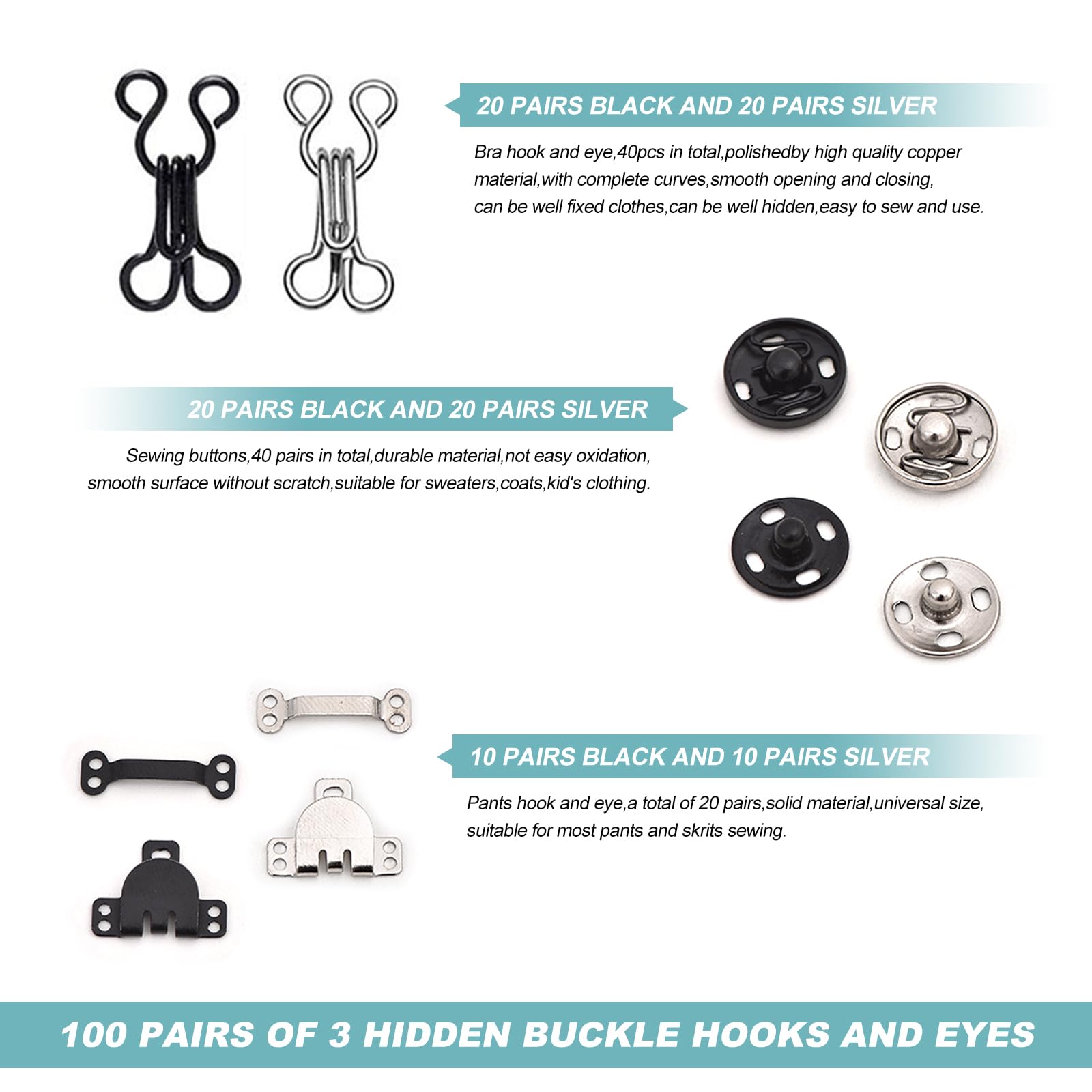 100 Stück Haken Und Ösen Set - Metall Druckknöpfe Für Kleidung & Näharbeiten