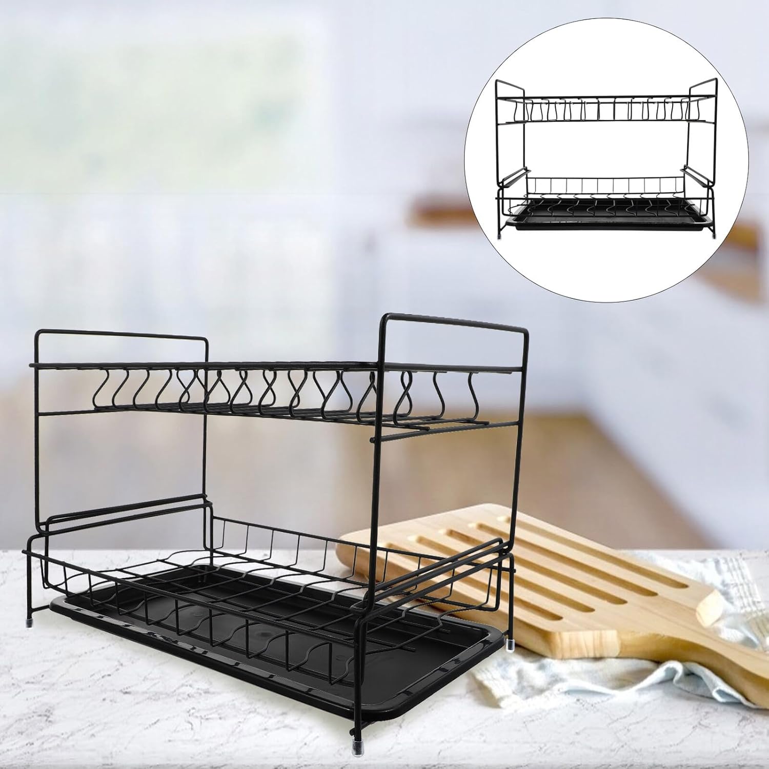 Multi-Functional Kitchen Dish Rack with Drain Tray, Double-Layer Plate and Bowl Holder, Black Sink Storage Organizer for Household Countertop