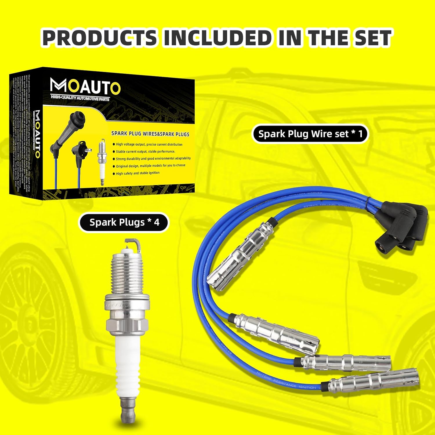 Set of 4 PCS Iridium Spark Plugs with Wire Set 671-4125 55601 57041 RC-VWC035 06A905409L Compatible with Volkswagen Jetta Golf Beetle L4 2.0L