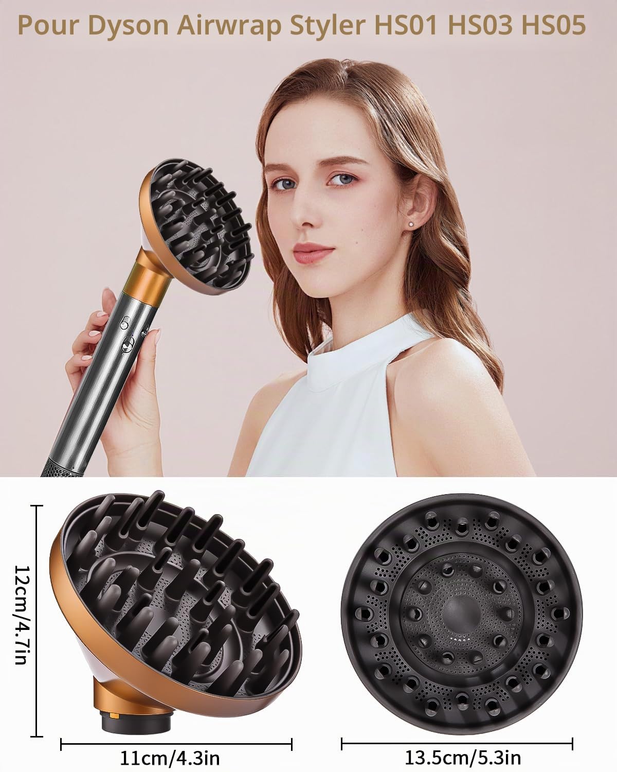 Diffuseur pour Dyson Airwrap HS01 HS03 HS05, diffuseur portable pour boucler les cheveux, pièce de diffuseur pour transformer le styleur Airwrap en sèche-cheveux, or