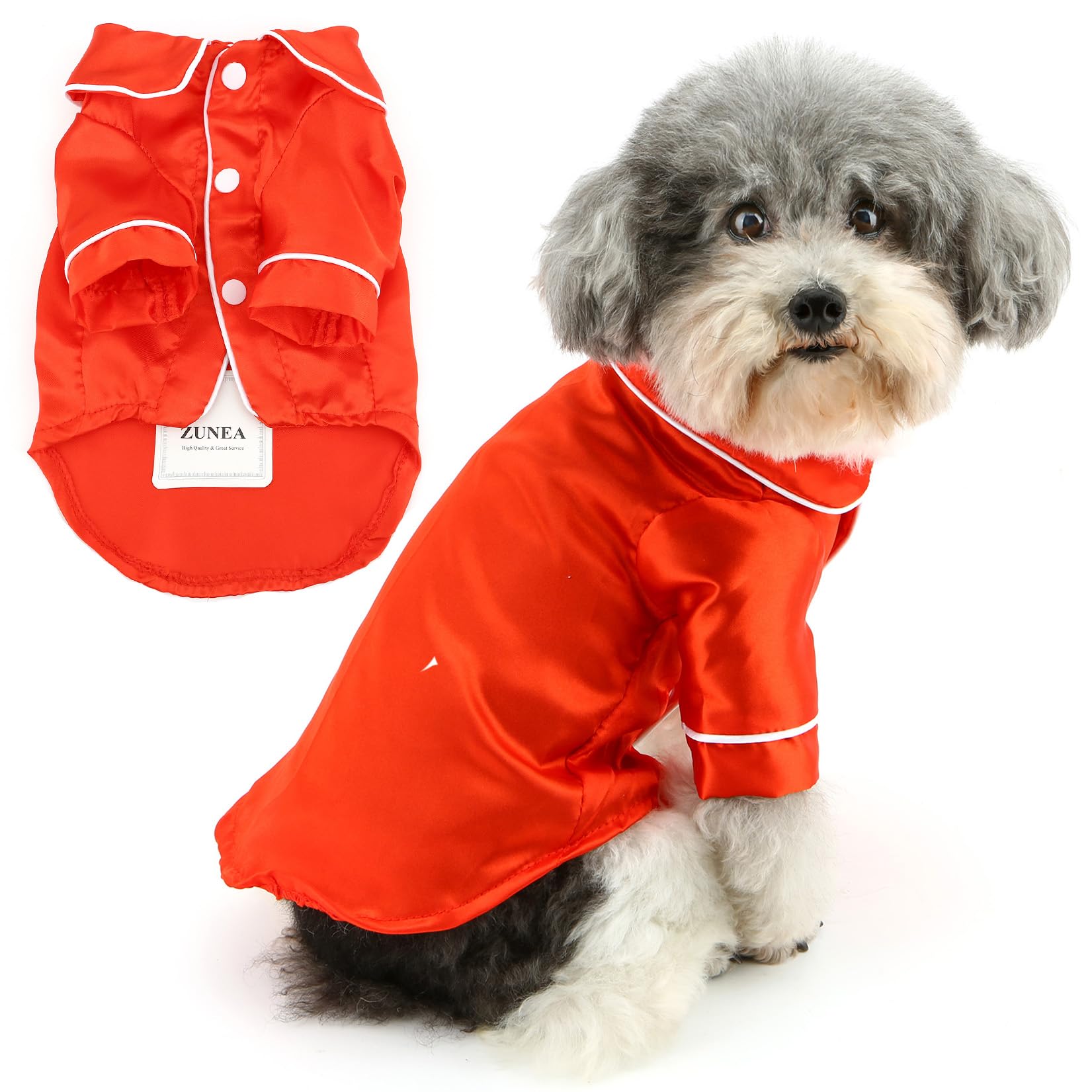 Zunea Small Dog Pyjamas Shirts for XS/S Size Dogs Soft Faux Silk Lapel Puppy Pajamas T Shirt Sleepwear Clothes Two-Legged Indoor Pjs Outfits Chihuahua Yorkie Pet Holiday Party Apparel Red M