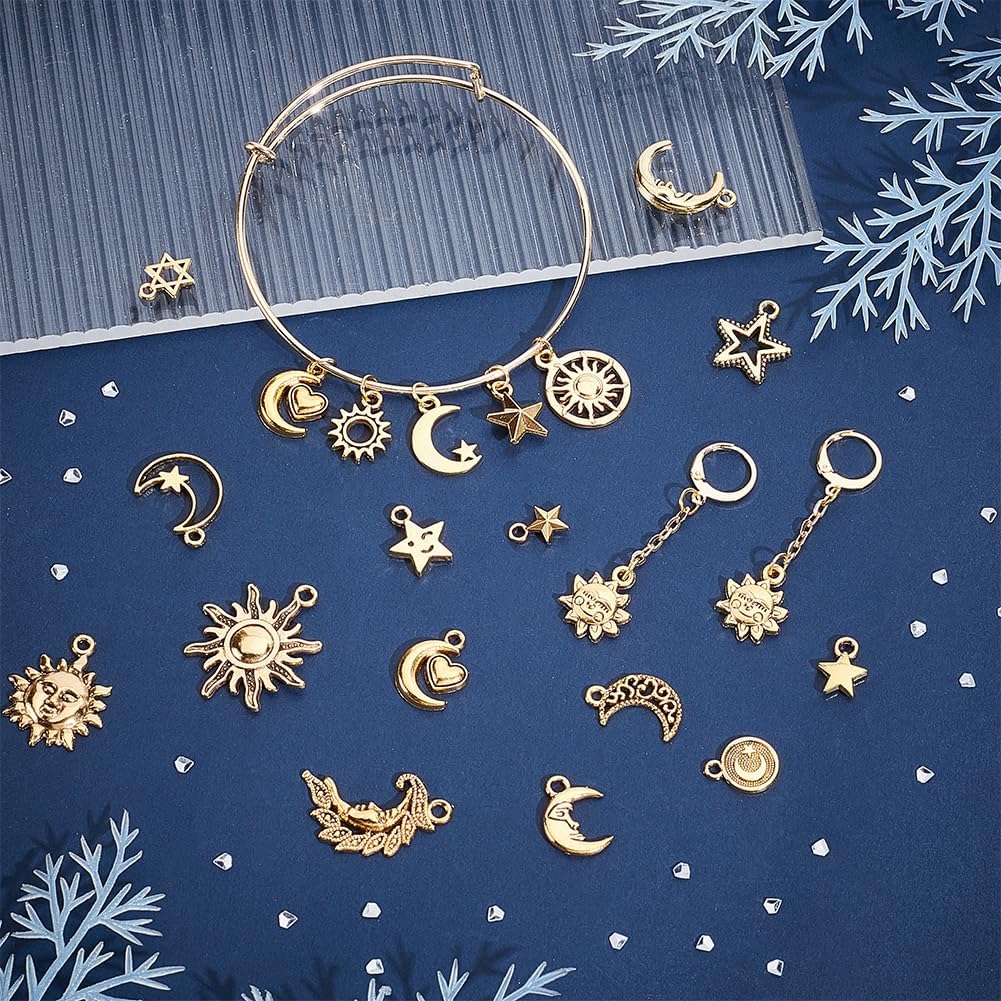 UNICRAFTALE 80Pcs 20 Styles Sun Moon Star Series Charms Earring Charms Tibetan Style Pendants Antique Golden Small Dangle Pendants for Bracelet Necklace Jewelry Making - Image 2