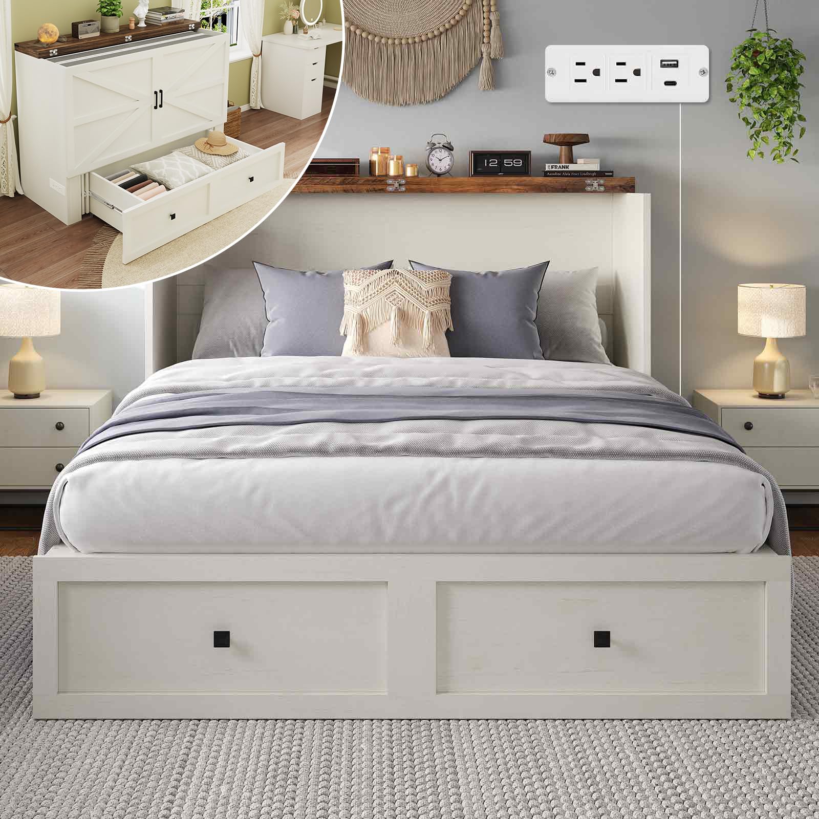 (incomplete) murphy bed with charging station, queen size cabinet bed with large storage drawer for home office or small room, hideaway full foldable platform bed, barnwood+white