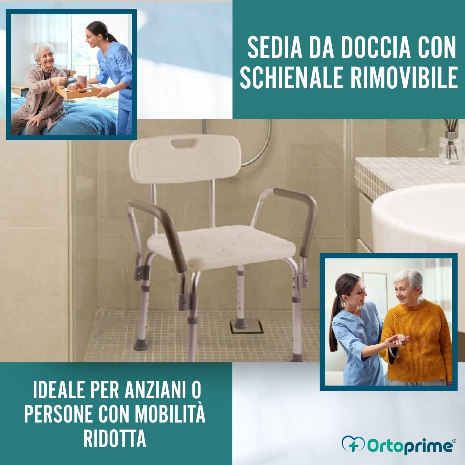 OrtoPrime Sedia da Doccia per Anziani con Schienale Rimovibile – Seggiolino Doccia Antiscivolo Regolabile in 6 Altezze – Sedile per Doccia Anziani e Disabili con Braccioli Imbottiti