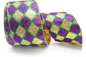 2.5" x 10 Yard Mardi Gras Plaid Glitter Green Purple Ribbon