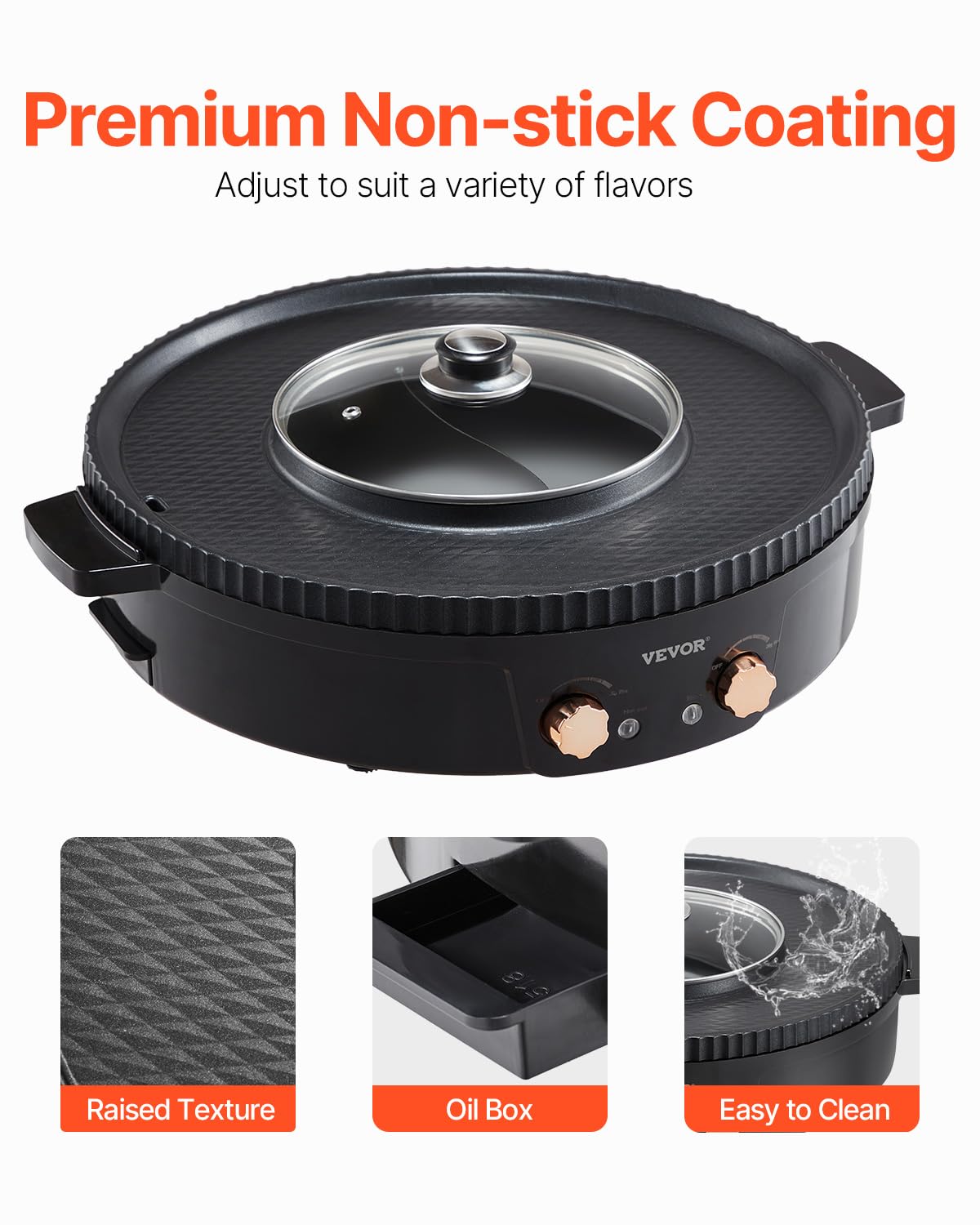 VEVOR Appareil à Fondue Chinoise avec Gril 2-en-1, Hot Pot Électrique 1800 W, Fondue Électrique avec Double Contrôle de Température Séparé, Poêle Antiadhésive, pour Barbecue Coréen Shabu Shabu Hotpot