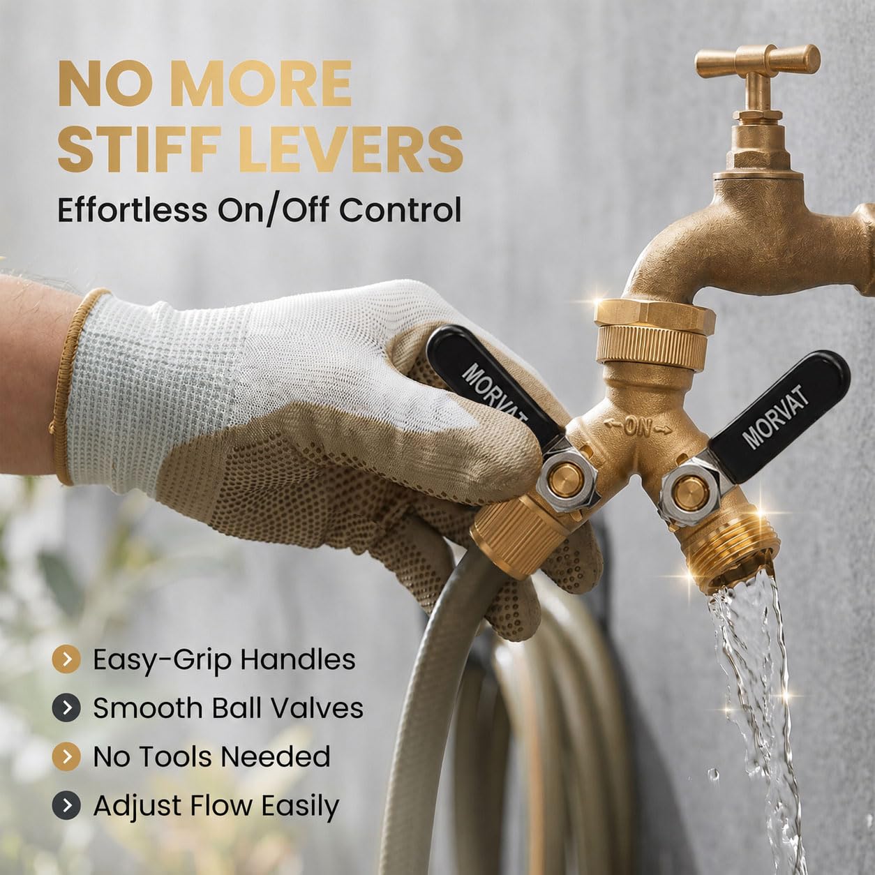 Morvat Sdoppiatore a Y a 2 vie in ottone, senza piombo, resistente connettore per tubo da giardino con valvole on/off extra lunghe a farfalla, adattatore per rubinetto dell'acqua e rubinetto, 5
