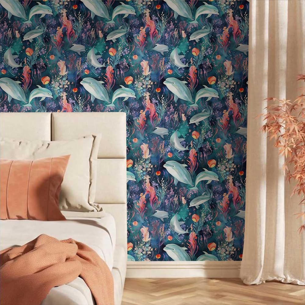 18"x236" Watercolor Under The sea Dolphin Seaweed Coral Peel and Stick Self Adhesive Wallpaper Removable Stick on Easy Peel Off Wall Paper for Kitchen Bedroom Bathroom Renter