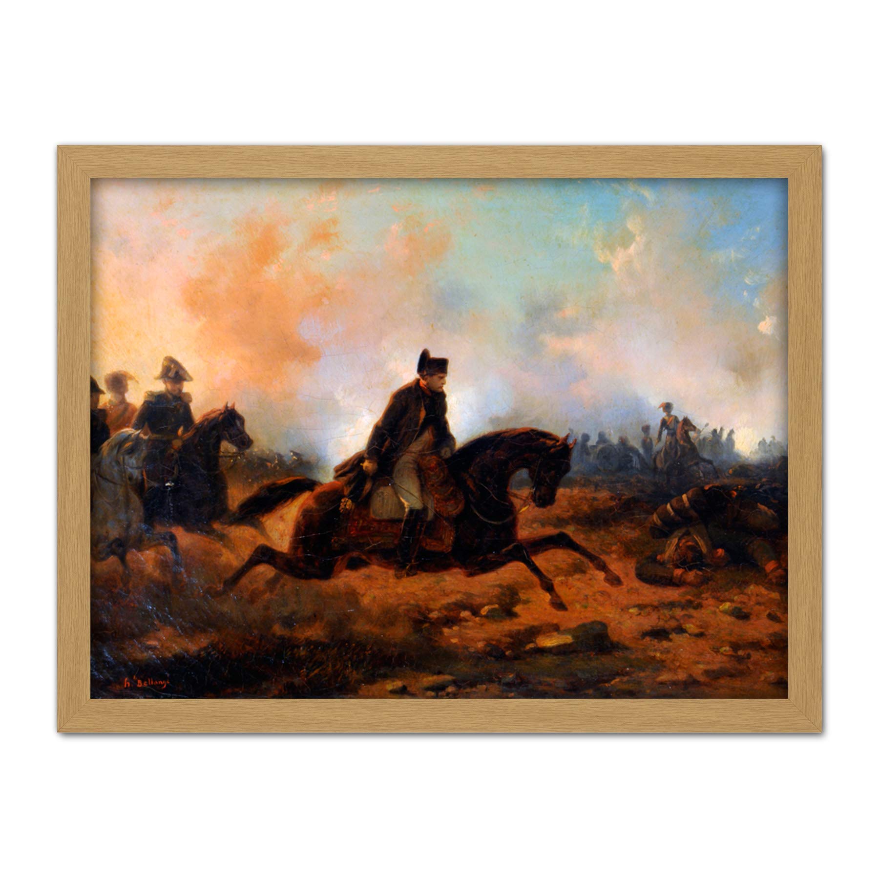 Bellange Napoleon Charging Battle Waterloo Painting - Framed Wall Art Print - Artery8 - W18 inch x H24 inch - Light Oak