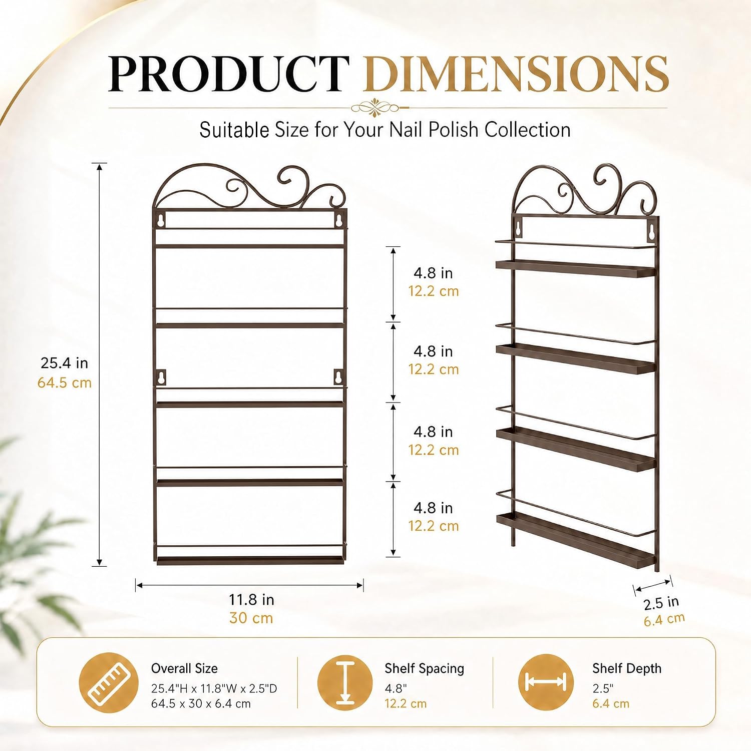 ERYTLLY 5-Tier Nail Polish Organizer，Wall Mounted Nail Polish Rack, Nail Polish Holder Stand, Metal Organizer Shelf for Salon and Essential Oils,Brown image 3