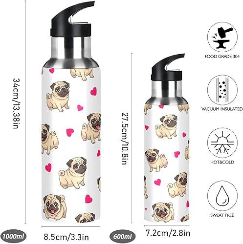Miniatura 2 de Pugs Playful White Stainless Steel Water Bottle 20 Oz Leakproof Water Bottles, BPA-Free Sport Water Bottle