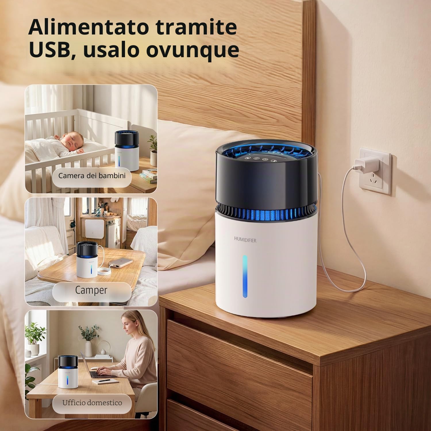 3L Umidificatore Ambiente, Top Fill, Umidificatore Ambiente Bambini con luce notturna, Silenzioso 30dB, 5 Livelli Nebbia, 35h Autonomia, Umidità Intelligente, per ufficio, cameretta del bambino