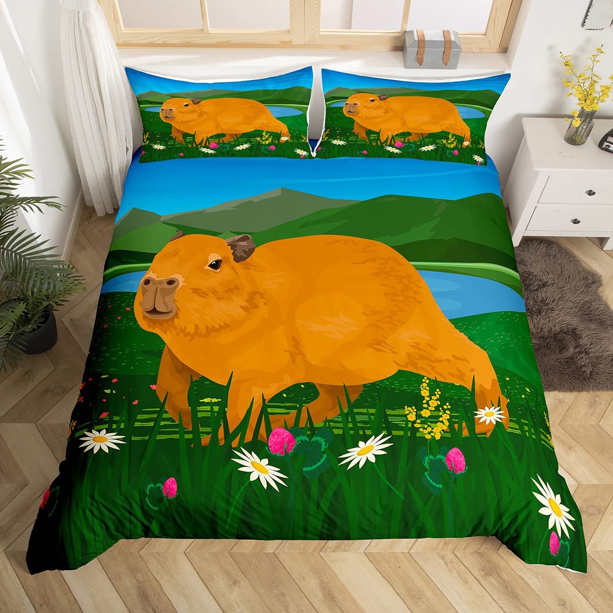 Manfei Cartoon Capybara Duvet Cover Set King Size, Botanical Floral Bedding Set 3pcs for Kid Boy Girls Room Decor, South America Rodents Comforter Cover Soft Polyester Quilt Cover with 2 Pillowcases โ image 1