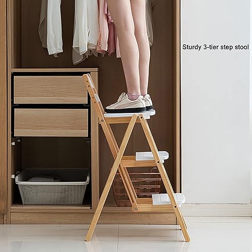 Miniatura 3 de QQXX Taburete de bar plegable multifuncional de 3 escalones taburete de escalera de madera maciza taburete alto de altura de mostrador taburete